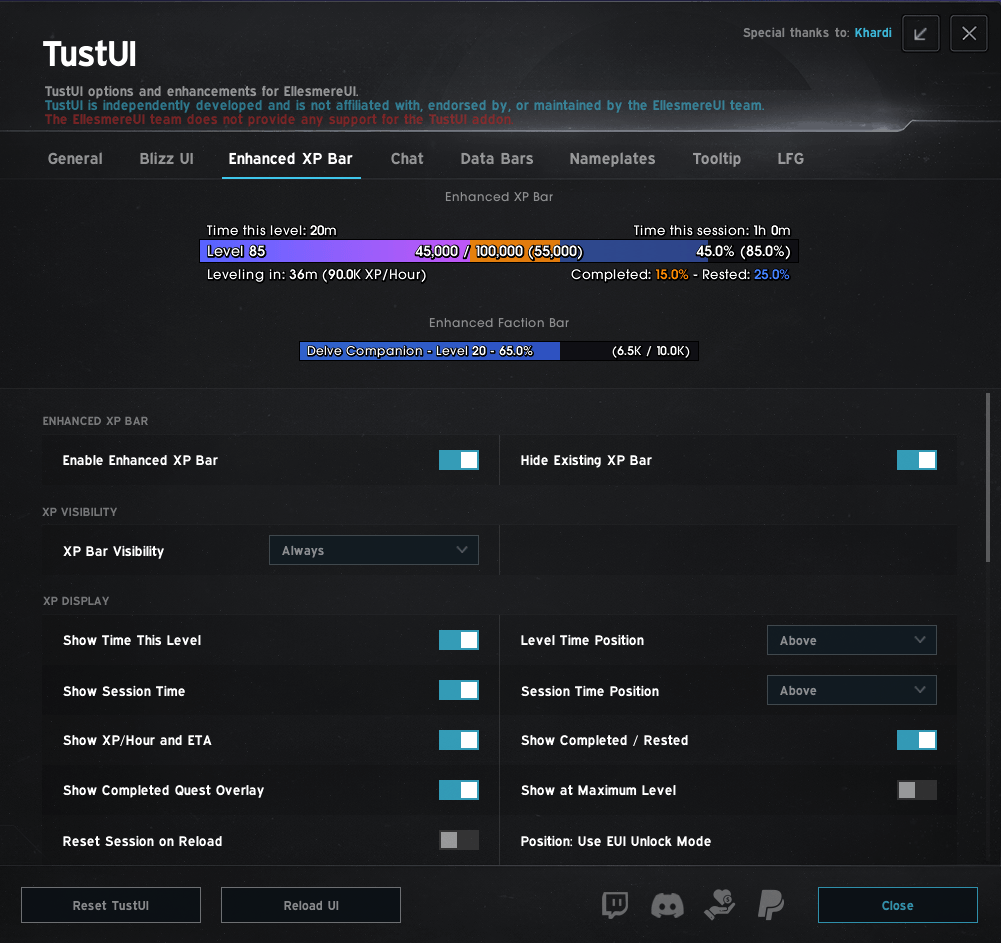 TustUI settings for experience and faction bars