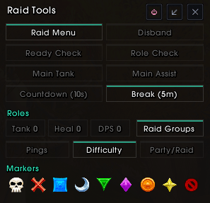 The genuine TustUI Raid Tools panel with group actions, markers and role counts