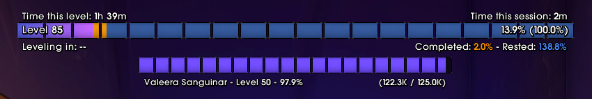 TustUI experience and reputation bars showing level progress, session time and rested XP